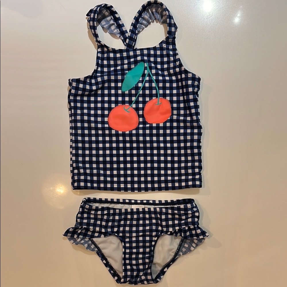 Cat & Jack Navy Checkered Little Girl Bikini with Cherry Design